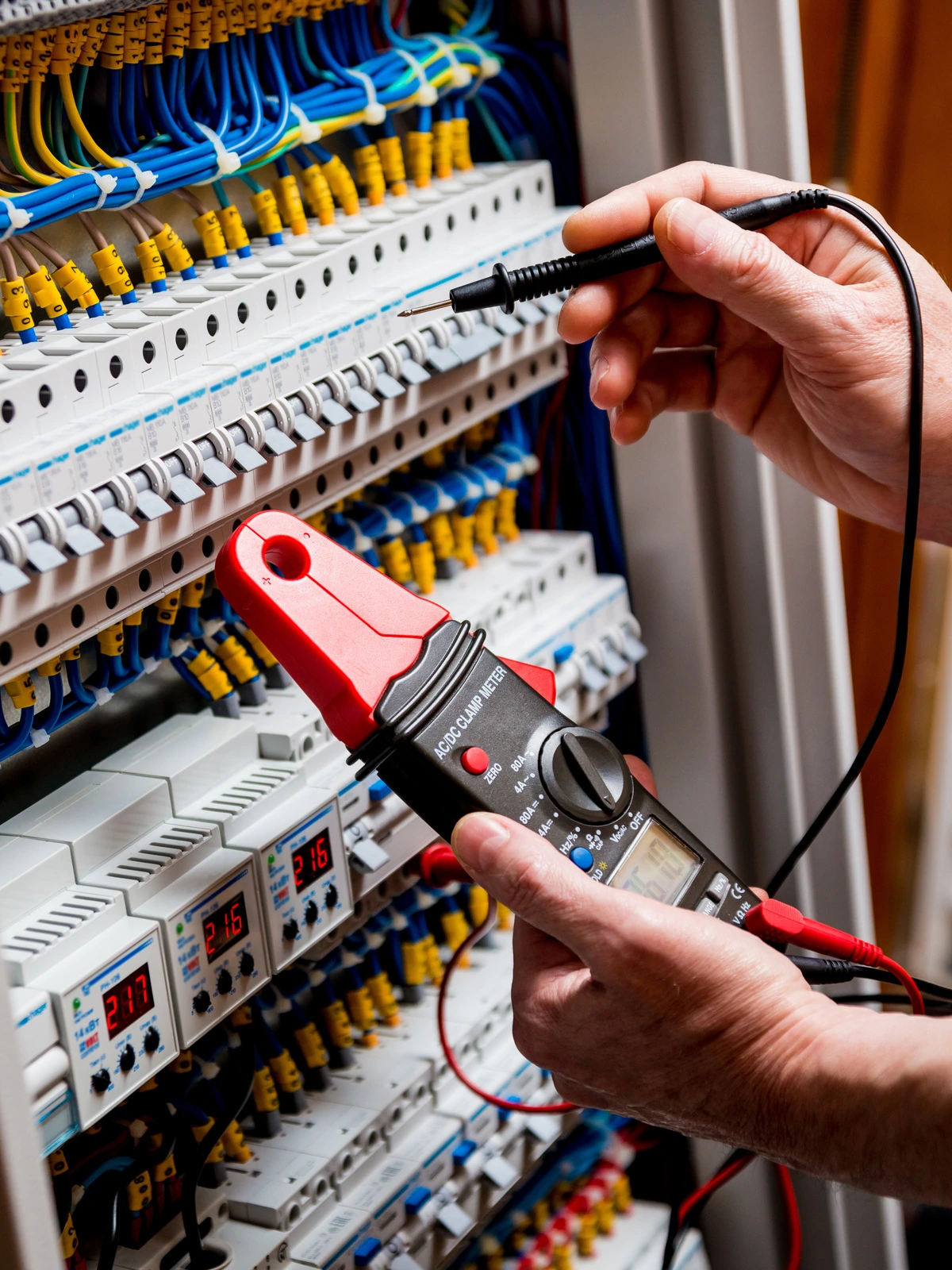 électricien effectuant des tests sur un tableau électrique à l'aide d'un multimètre dans un cadre professionnel